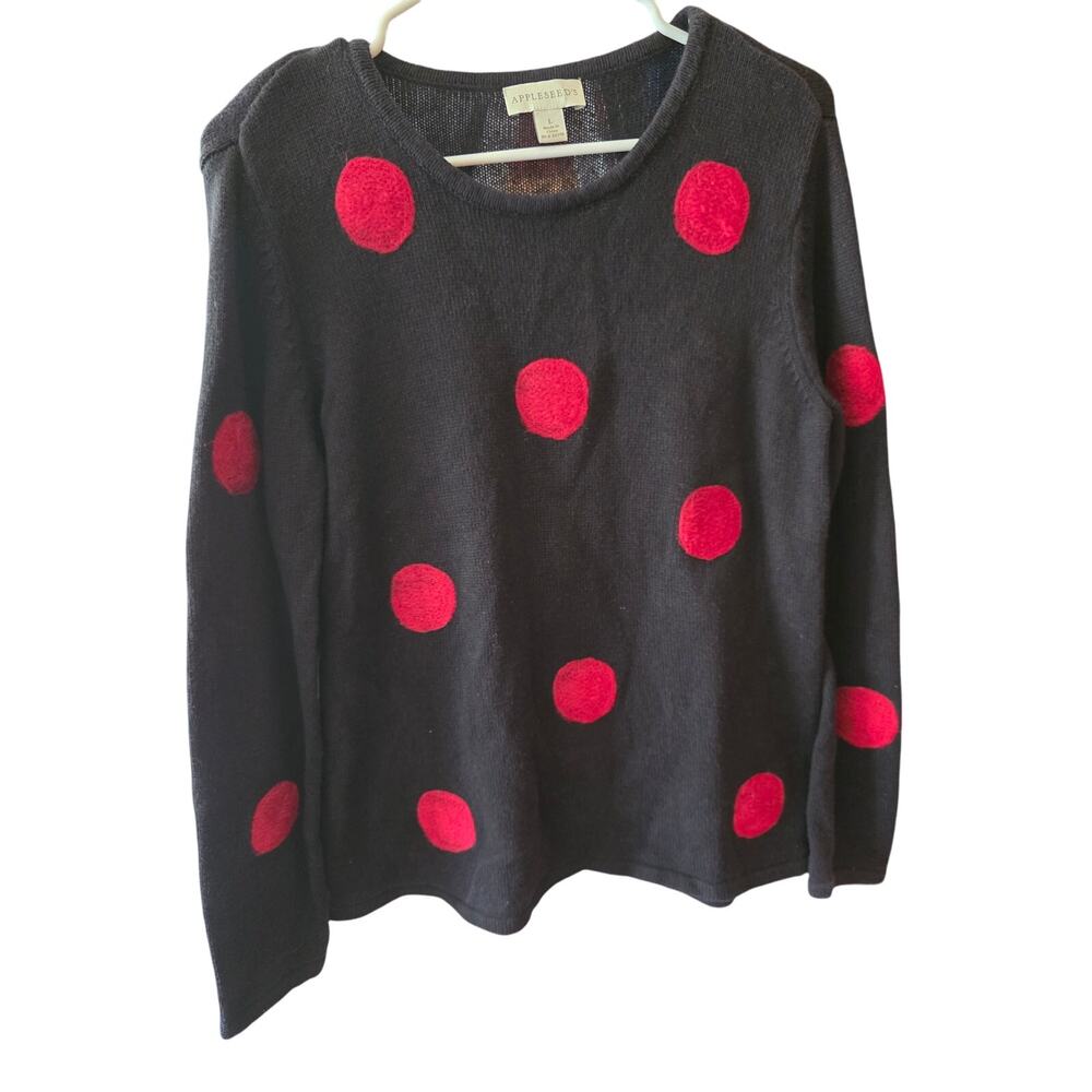Appleseeds Retro Sweater L Womens Black Red Polka Dot Art Deco‎ Christmas